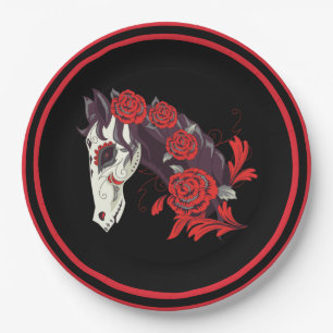 Prato De Papel Crânio de Cavalo com Rosas vermelhas Dias de los