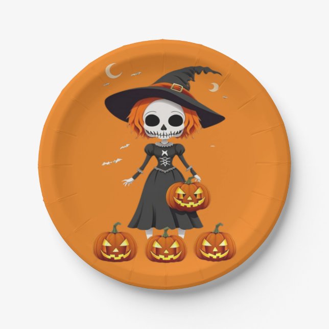 Prato De Papel Crânio de Halloween com abóbora (Frente)