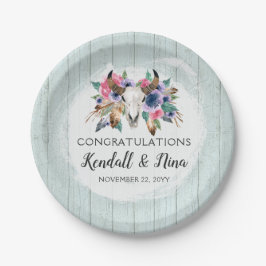 Prato De Papel Crânio de Vaca Aquarela Floral Rústica Casamento B