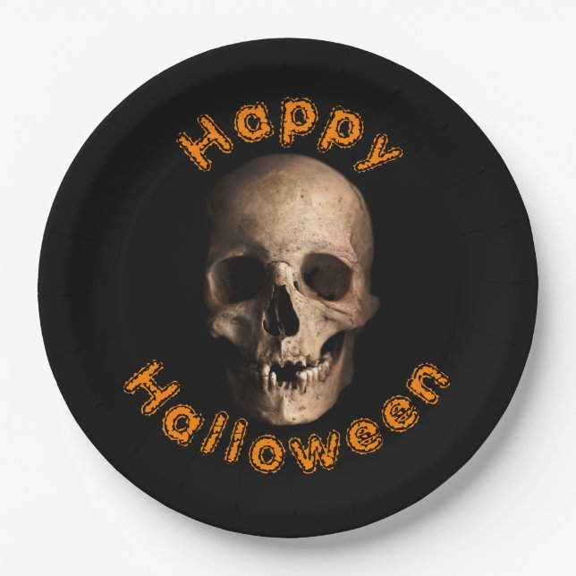 Prato De Papel Cranio Decaindo Sombrio Feliz Halloween (Frente)