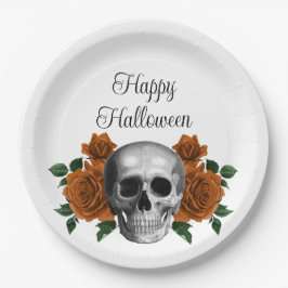 Prato De Papel Crânio Floral Gótico Feliz Halloween