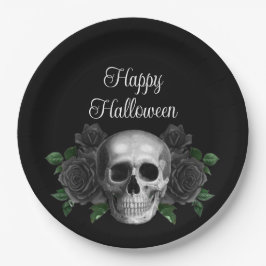 Prato De Papel Cranio Floral Gótico Preto Halloween