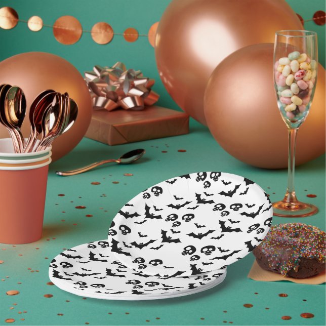 Prato De Papel crânio negro e morcegos assustadores e engraçados (Múltiplo)