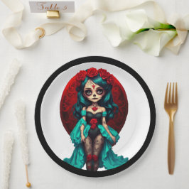 Prato De Papel Crânios de açúcar de chá e Rosas vermelhas