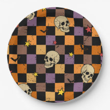Crânios e morcegos de Halloween vintage em xadrez