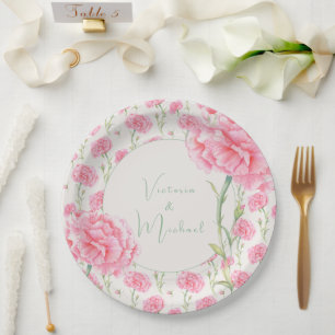 Prato De Papel Cravos Rosa Personalizados Casamento 