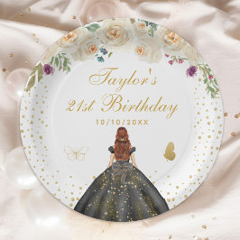 Prato De Papel Cream Floral Brown Hair Girl Festa de aniversário