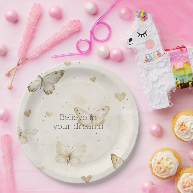 Prato De Papel Cream Hearts Butterflies Birthday (Festa)