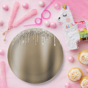 Prato De Papel Creme Dourado Glitz Glitter Sorvete Drives Anivers