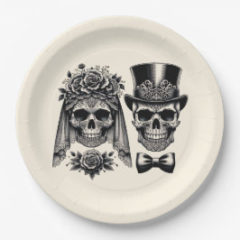 Prato De Papel Creme Preto e Dourado Vintage Esqueleto Casamento