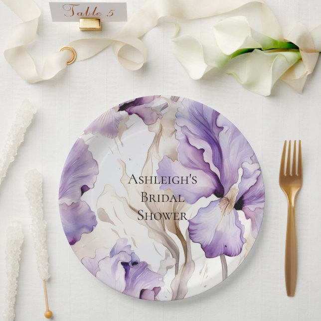 Prato De Papel Creme Roxo Iris Chá de panela Floral (Casamento)