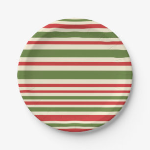 Prato De Papel Creme Verde Vermelho com Padrão de Natal de Faixa 