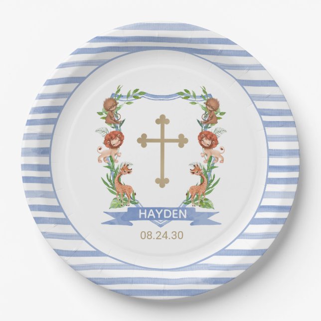 Prato De Papel Crest de Safári na Selva para Batismo de Menino (Frente)