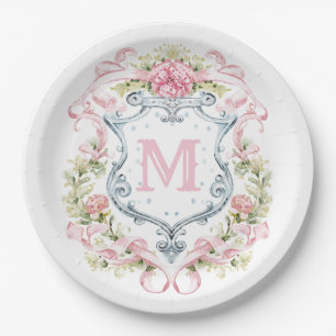Prato De Papel Crest Floral Monograma Grandmillennial   Noiva 