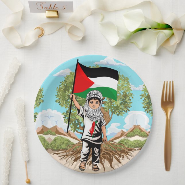 Prato De Papel Criança com Keffiyeh Palestine Flag e Olive Tree (Casamento)