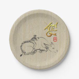 Prato De Papel Criança de pintura Búfalo Chinês Ox Ano Novo P