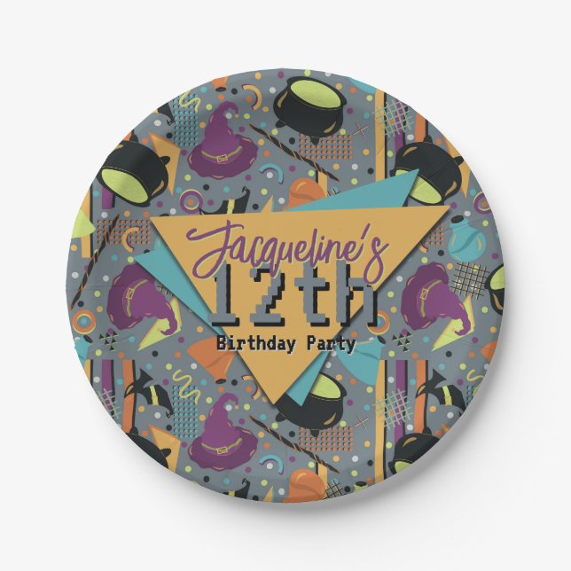Prato De Papel Crianças Cinza Retro Witchy Halloween Aniversário (Frente)