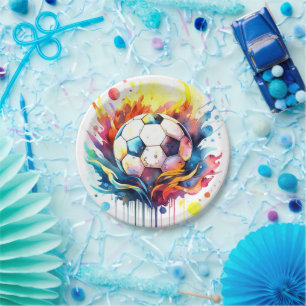 Prato De Papel Crianças Coloridas De Futebol Aquarela Aniversário