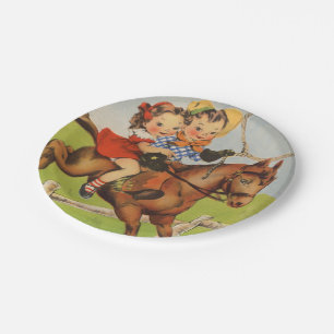 Prato De Papel Crianças do vintage que montam um cavalo que joga