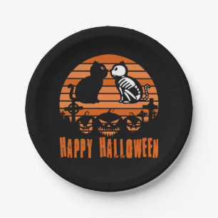 Prato De Papel Crianças Feliz Halloween Skeleton Cat Retro Sunset