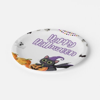 Prato De Papel Crianças Fofas Feliz Halloween Gatos Pretos