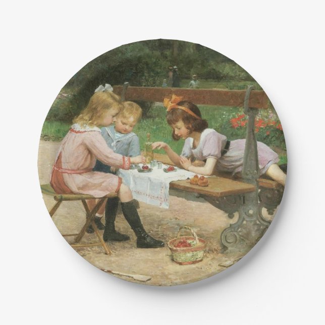Prato De Papel Crianças tendo chá à tarde no parque (Frente)