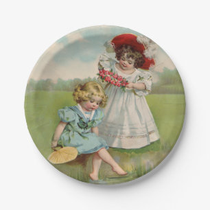 Prato De Papel Crianças Vitorianas Jardim de Verão Vintage Menina