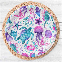 Prato De Papel Criaturas do Oceano de Aquarela Sob o Aniversário