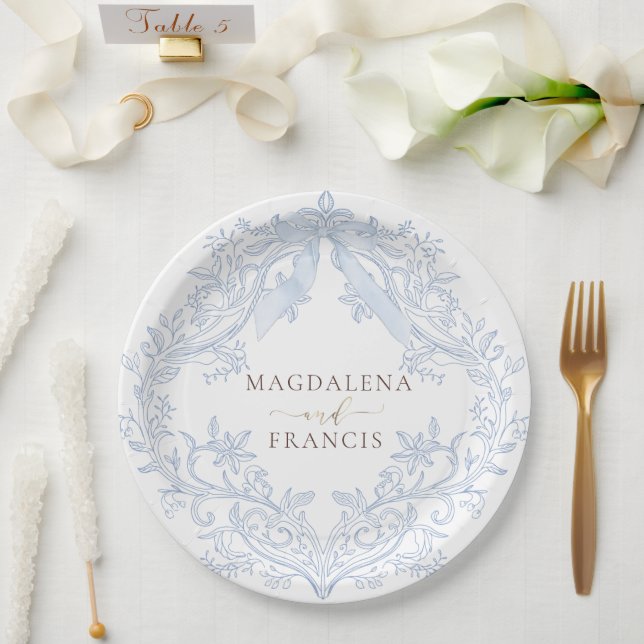 Prato De Papel crista azul aquarela casamento (Casamento)