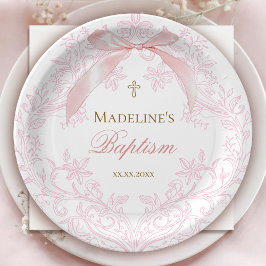 Prato De Papel crista cor-de-água rosa | Batismo