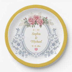 Prato De Papel Crista de Casamento Floral, Moldura de Monograma D
