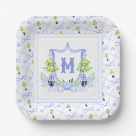 Prato De Papel Crista Monogramática de Árvore de Limão em Aquarel