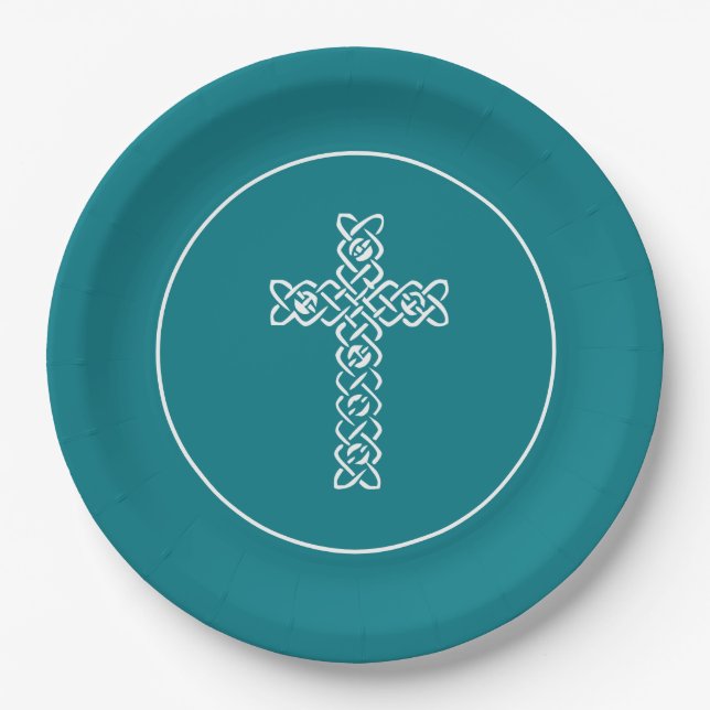 Prato De Papel Cross Dark Teal Communion Baptism Christen (Frente)