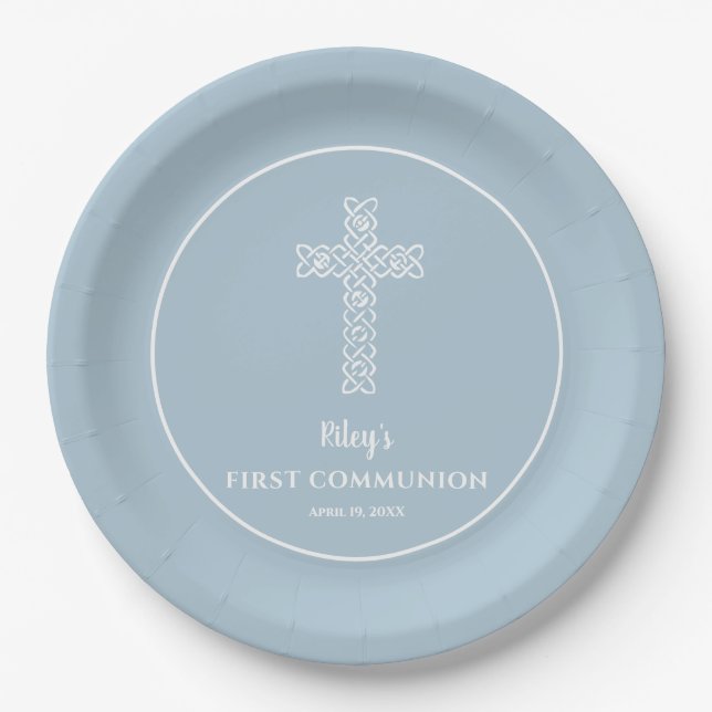 Prato De Papel Cross on Steel Blue Commune Baptism Christening (Frente)