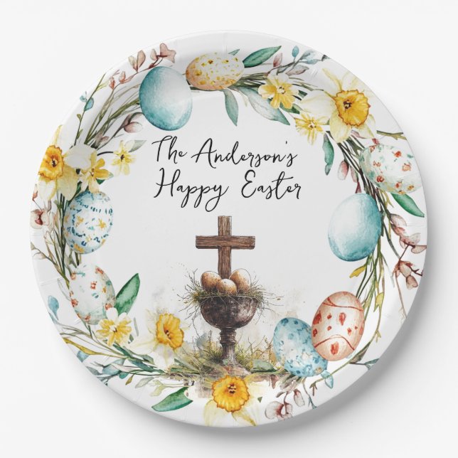 Prato De Papel Cruz com ovos decorativos I Páscoa floral (Frente)