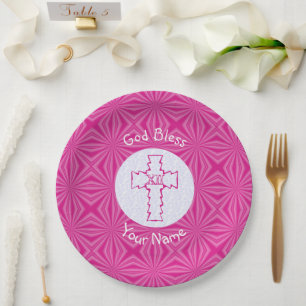 Prato De Papel Cruz Cristã Zigue-Zague Rosa em Nome Rosa Branco