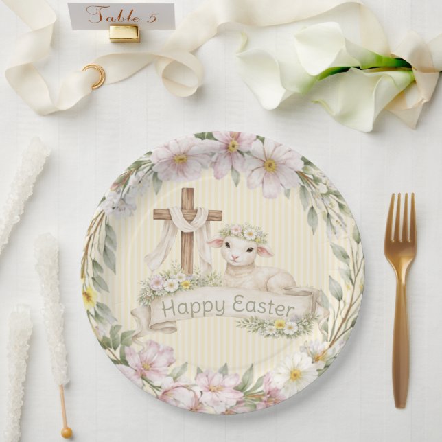 Prato De Papel Cruz Floral e Cordeiro | Feliz Páscoa (Casamento)