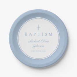 Prato De Papel Cruz Religiosa Azul Bebê Moderna Batismo