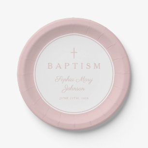 Prato De Papel Cruz Religiosa Rosa Moderna Batismo de Menina