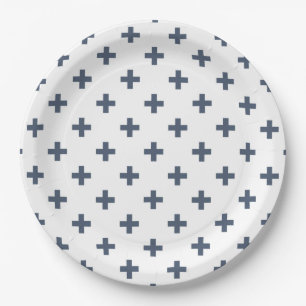 Prato De Papel cruzes Azul-cinzentas da polca no branco