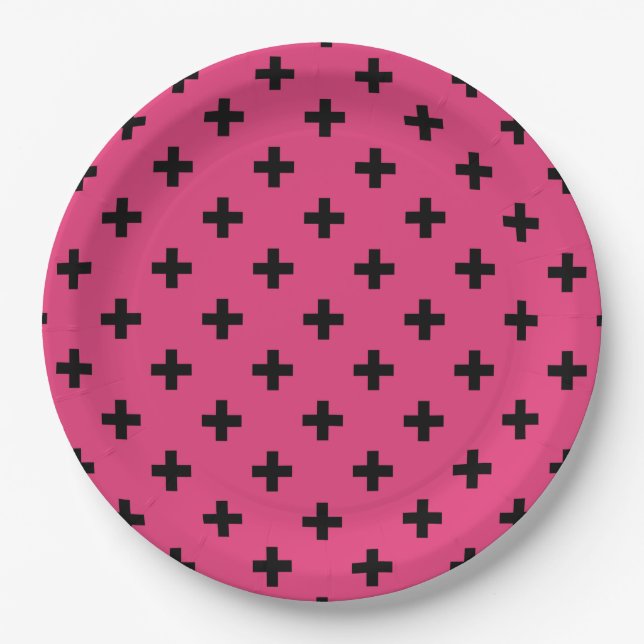 Prato De Papel Cruzes de polca negra em fuchsia (Frente)