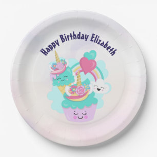 Prato De Papel Cupcake bonito e feliz aniversário do Sorvete