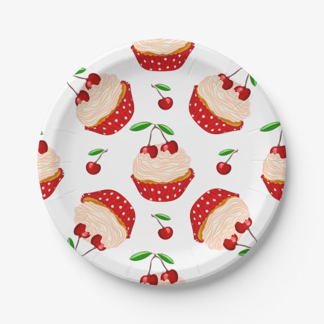 Prato De Papel Cupcake com padrão de cerejas (Frente)