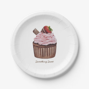Prato De Papel Cupcake De Morango Cujo Cama É Em Aquarela