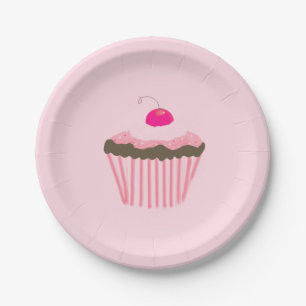 Prato De Papel Cupcake Rosa com uma Cereja em Cima