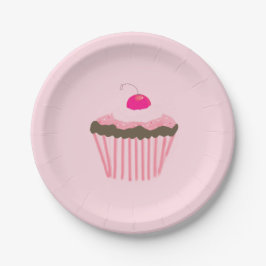 Prato De Papel Cupcake rosa com uma cereja no topo