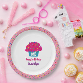 Prato De Papel Cupcakes com Glacê e Design de Bolinhas Coloridas