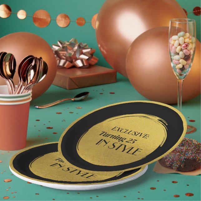 Prato De Papel Custom Birthday Party Plates, Modern Black Gold (Múltiplo)