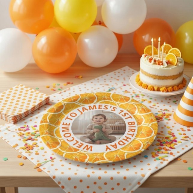 Prato De Papel Custom First Birthday Paper Plates with Photo (Criador carregado)