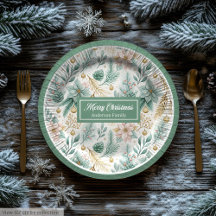 Custom Name Paper Plates White Poinsettia Holiday